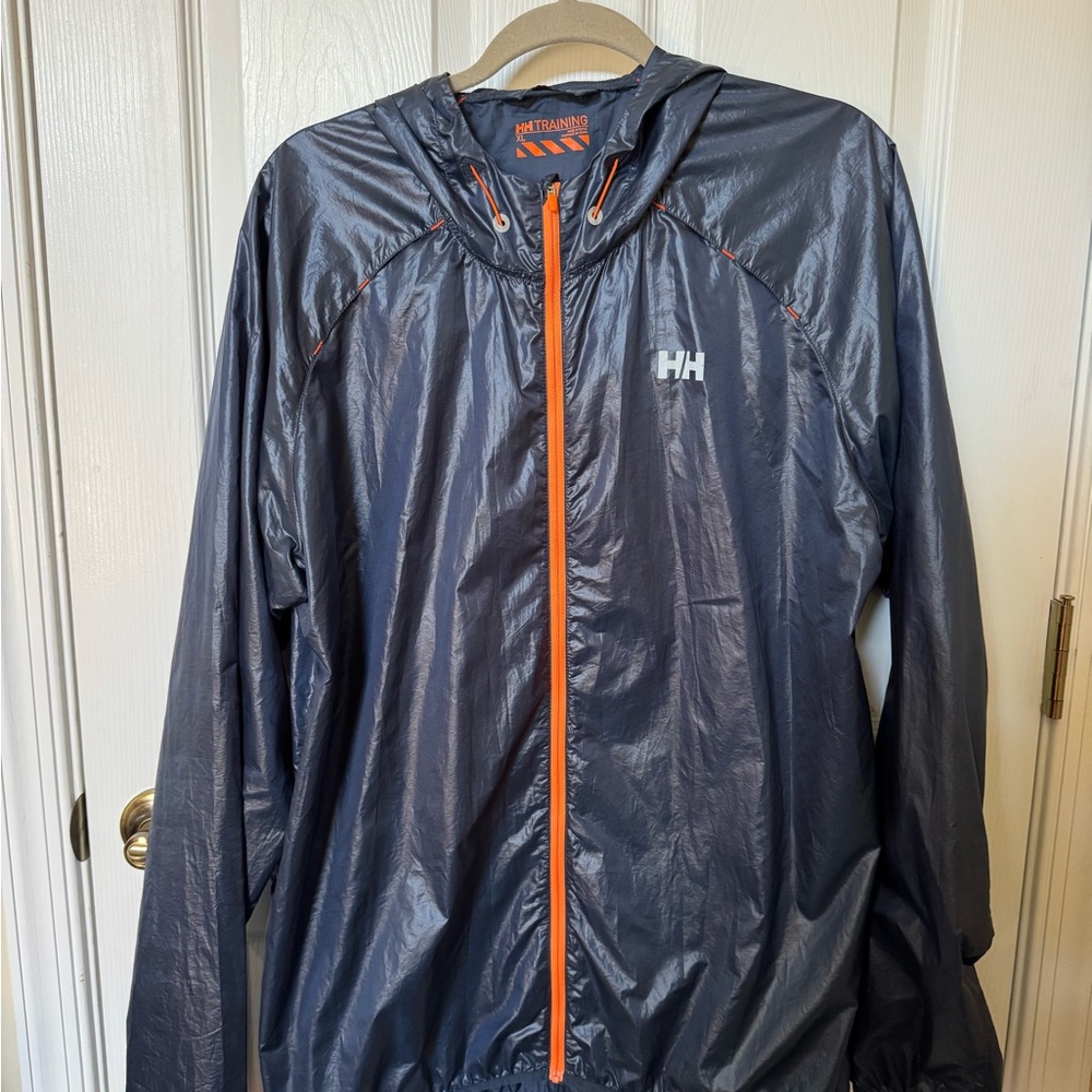 Helly Hansen Men's Dark Blue Hooded Windbreaker with Orange Trim